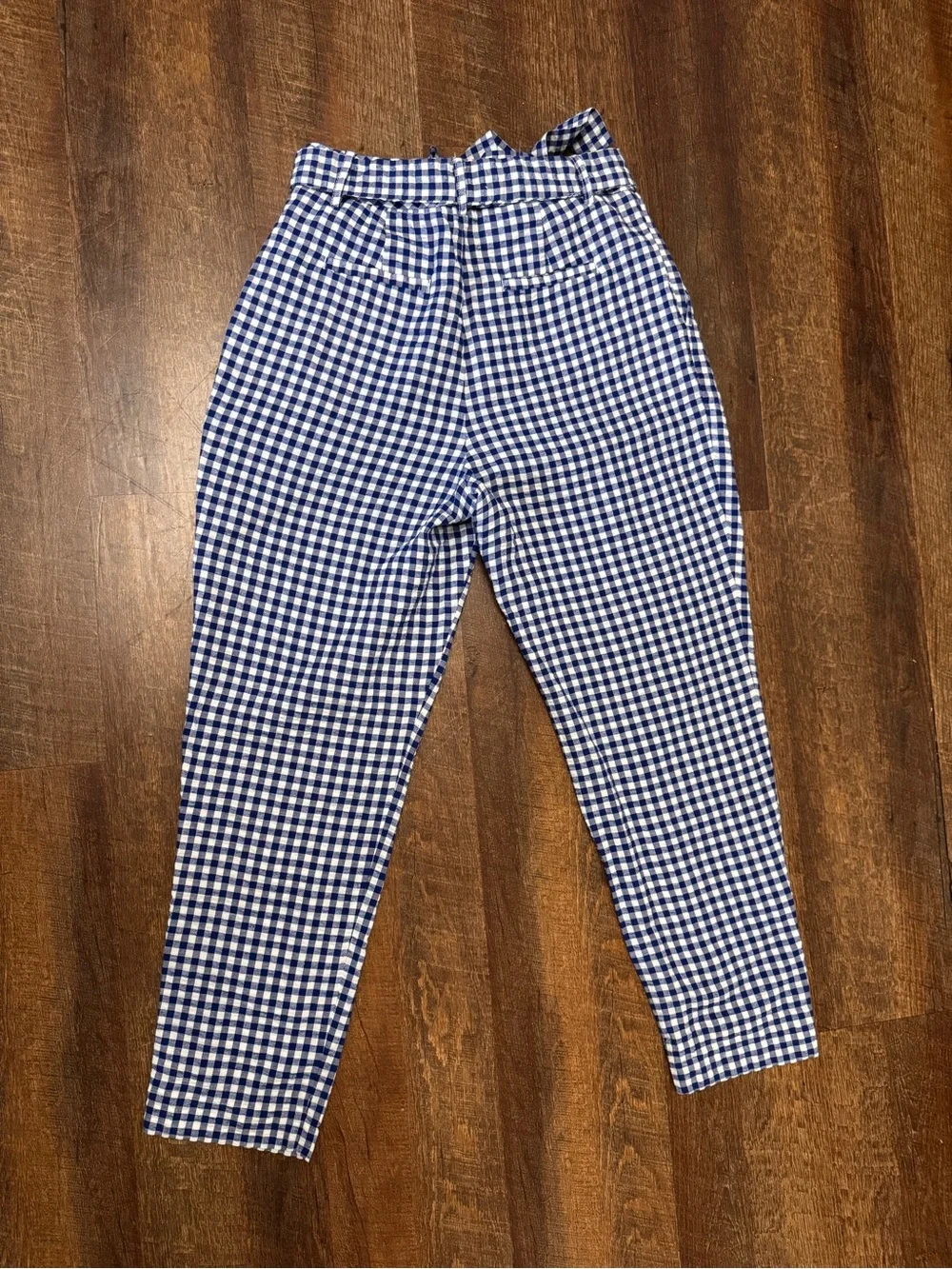 Banana Republic Blue Gingham Paperbag Tie Waist Ankle Pants Size 2 Linen Cotton